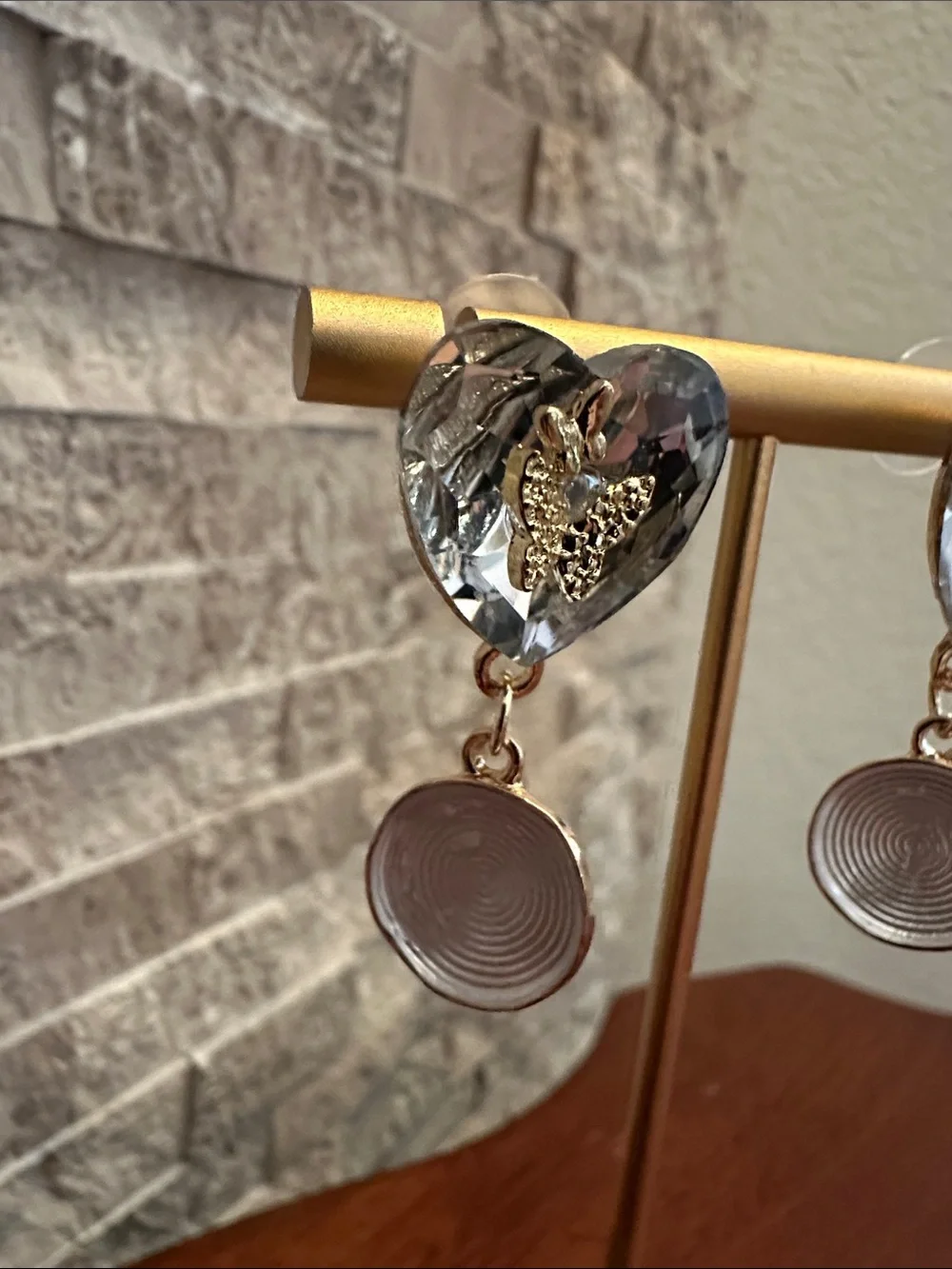 Fashion Jewelry Gold and Clear Heart Drop Earrings with Textured Discs